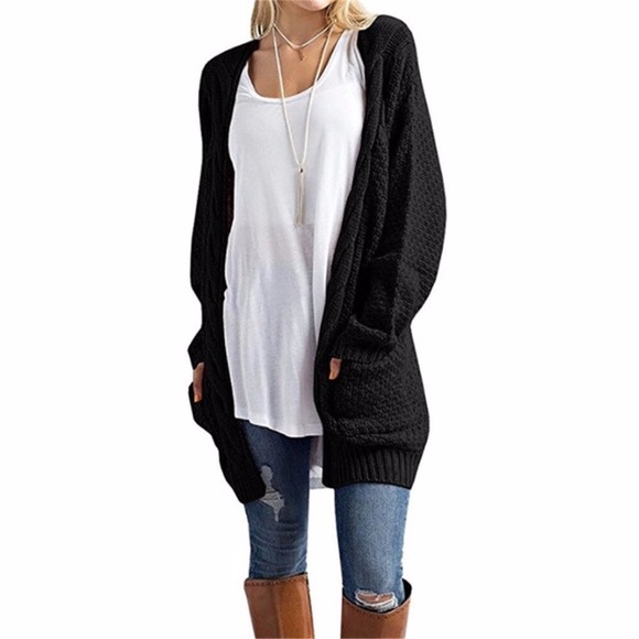 Sweaters - Cable Knit Open Front Cardigan w Pockets Black